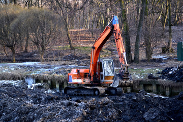 Excavation in the park. Excavator working on the lake.