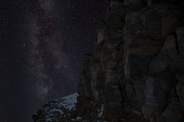Mountain peaks in the background of the milky way. Night landscape with starry sky