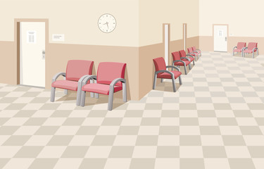Empty waiting room in the hospital. Private medical practice. Modern Interior at the doctor. The best medical health care. Simple flat vector illustration.