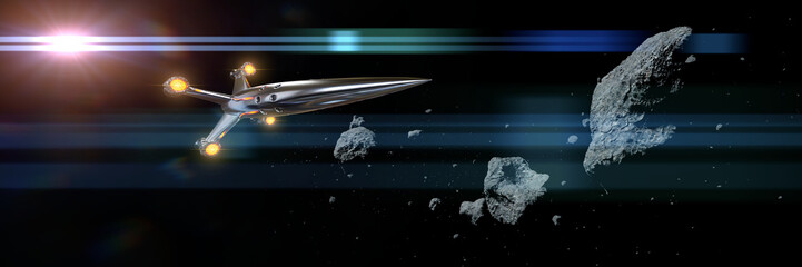 spaceship flying through asteroid field lit by the Sun 