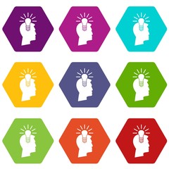 Light bulb idea icon set color hexahedron
