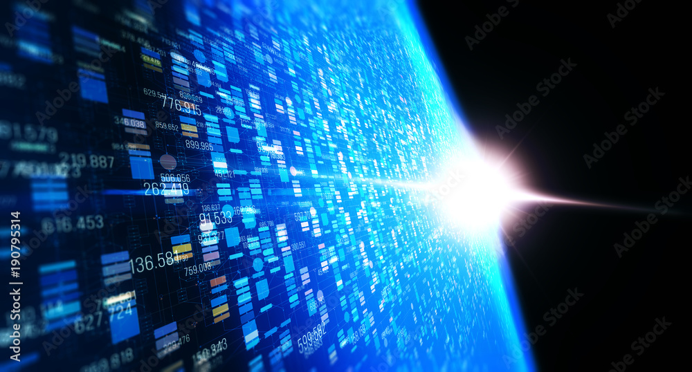 Poster Block chain network/Blockchain network concept , Distributed register technology , Block chain text and computer connection with earth sunrise back