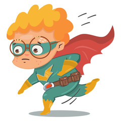 Superhero kid in green costume in cloak. Vector cartoon character in a retro style on a blue background.