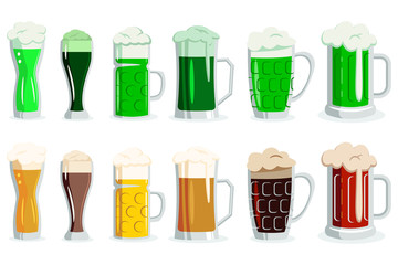 Beer and green ale in glasses of different types. Vector cartoon icons of alcoholic drink in cups and mugs isolated on white background.