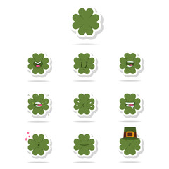 Funny four leaf clover with different kawaii emotions. Vector cartoon cute characters set for St. Patrick's Day. Sticker, tag, label isolated on a white background.