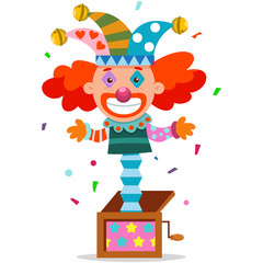 April Fool's Day illustration with clown jumping out of the box. Vector cartoon holiday joker character isolated on a white background.