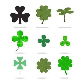 Four leaf clover and shamrock vector set. St. Patrick's Day icons isolated on white background.