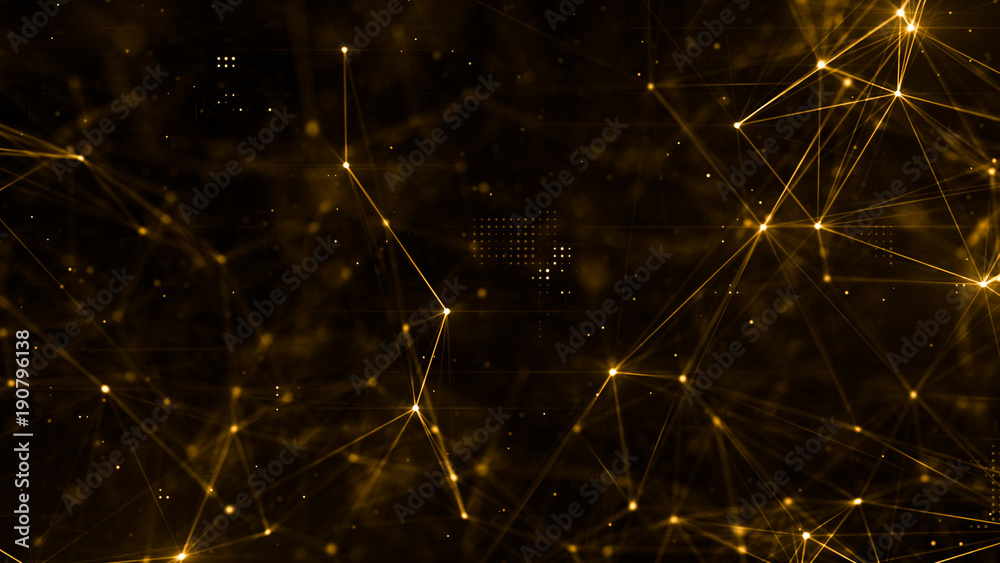 Poster abstract plexus structure of many glowing lines and particles. orange blurred background with digita