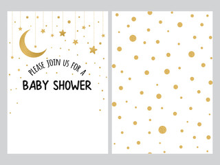 Baby shower invitation template, backgtround with gold polka dot design, vector set - obrazy, fototapety, plakaty