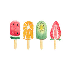 Watercolor fruit ice cream on white background.