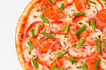 Fresh and appetizing, juicy pizza on a white background