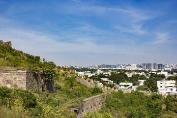 Fototapeta na wymiar Looking back at the Old City of Hyderabad on the Mountain Side of Golconda Fort in India