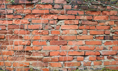 Old worn red brick wall texture background.