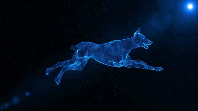 Doberman, hound dog, abstract animal running through particles, fantasy 3D animation