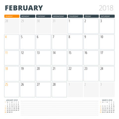 Calendar Planner for February 2018. Design Template. Week Starts on Sunday. 3 Months on the Page