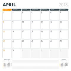 Calendar Planner for April 2018. Design Template. Week Starts on Sunday. 3 Months on the Page