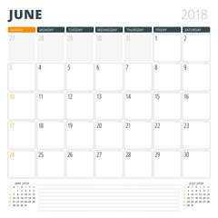 Calendar Planner for June 2018. Design Template. Week Starts on Sunday. 3 Months on the Page