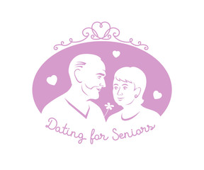 Color graphic banner, drawing for dating of elderly people with decorative frame and illustration of cute mature couple, hearts, flower, inscription. Vector illustration, isolated on background.