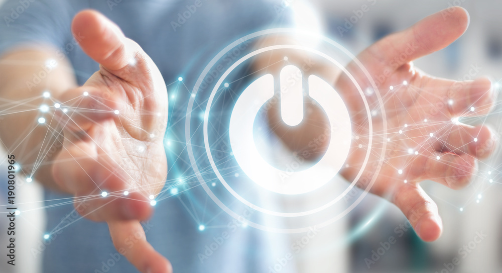 Aufkleber businessman using 3d render power button with connections
