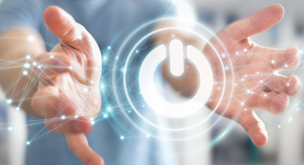Businessman using 3D render power button with connections