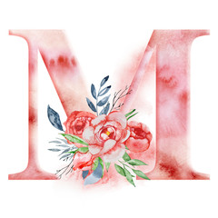 Floral watercolor alphabet. Monogram initial letter M design with hand drawn peony flower