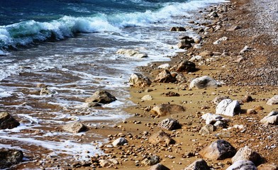 Beautiful golden pebbles beach Veliki Zal. Dubravica near Dubovnik  - obrazy, fototapety, plakaty