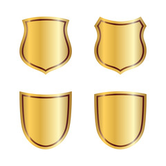 Gold shield shape icons set. 3D golden emblem signs isolated on white background. Symbol of security, power, protection. Badge shape shield graphic design. Vector illustration
