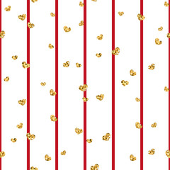 Gold heart seamless pattern. Red-white geometric stripes, golden confetti-hearts. Symbol of love, Valentine day holiday. Design wallpaper, background, fabric texture. Vector illustration