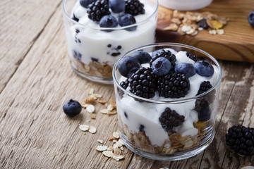 Breakfast with yogurt, homemade granola and fresh berries