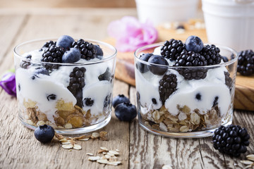 Breakfast with yogurt, homemade granola and fresh berries