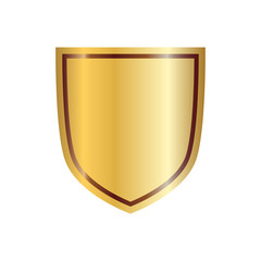 Gold shield shape icon. 3D golden emblem sign isolated on white background. Symbol of security, power, protection. Badge shape shield graphic design. Vector illustration