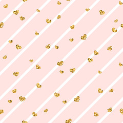 Gold heart seamless pattern. Pink-white geometric stripes, golden confetti-hearts. Symbol of love, Valentine day holiday. Design wallpaper, background, fabric texture. Vector illustration