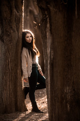 Beautiful Mysterious Woman Posing in The Forest, Old Classic Style photograph