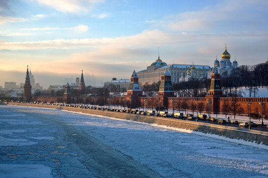 Moscow Kremlin and embankment Moscow river winter view, Russia