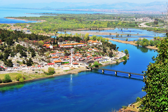Aerial view on the village by river
