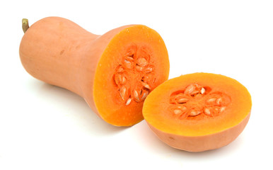 freshly cut butternut pumpkin on a white background