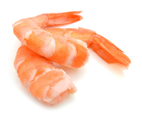 Two cooked unshelled tiger shrimps isolated on white