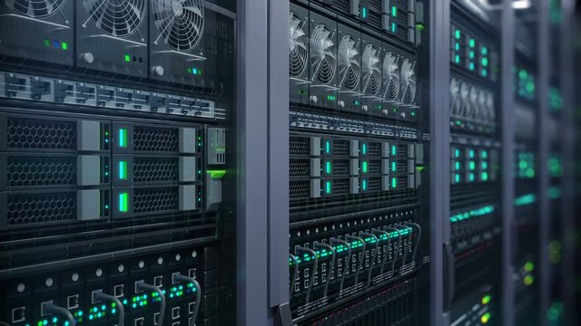 Servers close up view with bokeh. Modern datacenter. Cloud computing. Cryptocurrency miners.

Loopable 4k Server in a data center. 3d rendering. UHD closeup animation background