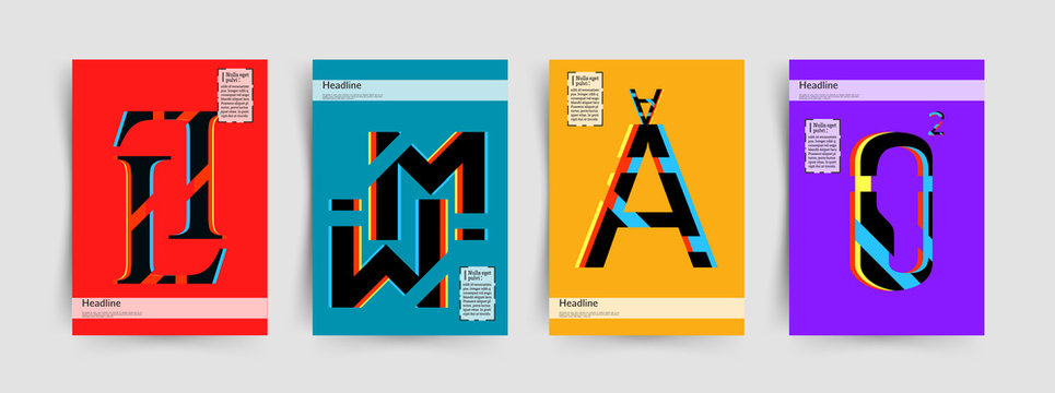 Modern Typographic Colorful Covers. Letters L, M, A, O With Abstract glitch Design Background. Vector Trendy Template For Your Posters, Banners, Presentations, Layouts.