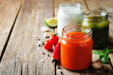 Variation of sauces for meat, poultry or fish. Tomato, Cilantro Parsley and Greek yogurt Lime sauces