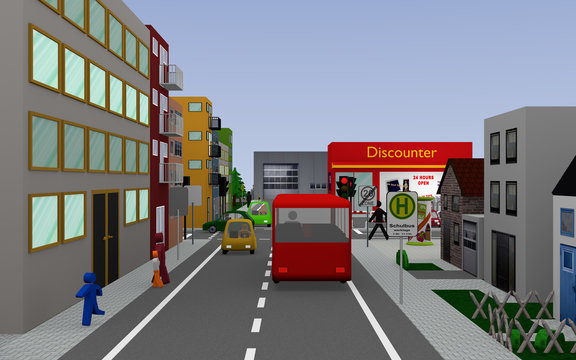 Stadtansicht mit roter Ampel, bunten Autos, Personen, Häusern und Geschäften.