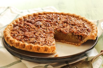 Close up of homemade Pecan Pie / Pi day concept