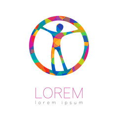 Modern vector Human silhouette in circle logotype isolated on white background. Rainbow bright colors. Man happy inside. Health symbol. Concept design for web, clinic, school, education. Creative