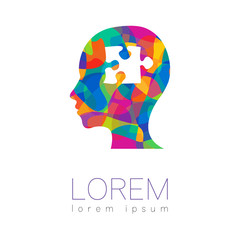 Modern vector Human silhouette head with puzzle inside. logotype isolated on white background. Rainbow bright colors. Health symbol. Concept design for web, clinic, school, education. Creative