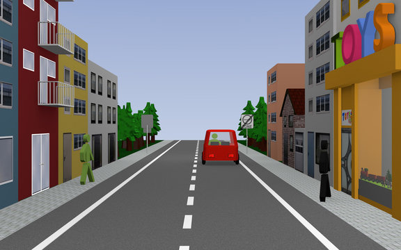 Straße mit Reihenhäusern, Spielzeuggeschäft, Personen, Auto und Straßenschild Ende Umweltzone. 3d render