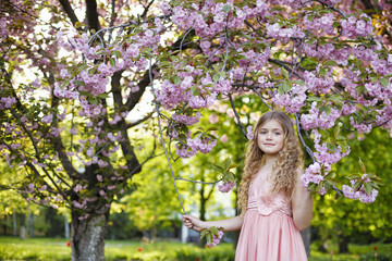Pretty little girl in blossom cherry garden on beautiful spring day