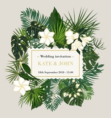 wedding invitation, background with tropical leaves