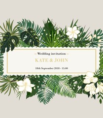wedding invitation, background with tropical leaves