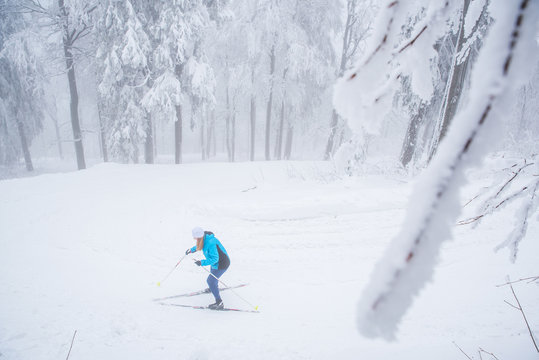 Female, nordic ski, winter nature, sport photo, edit space