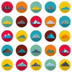 Mountain icons set. Flat illustration of 25 mountain vector icons circle isolated on white